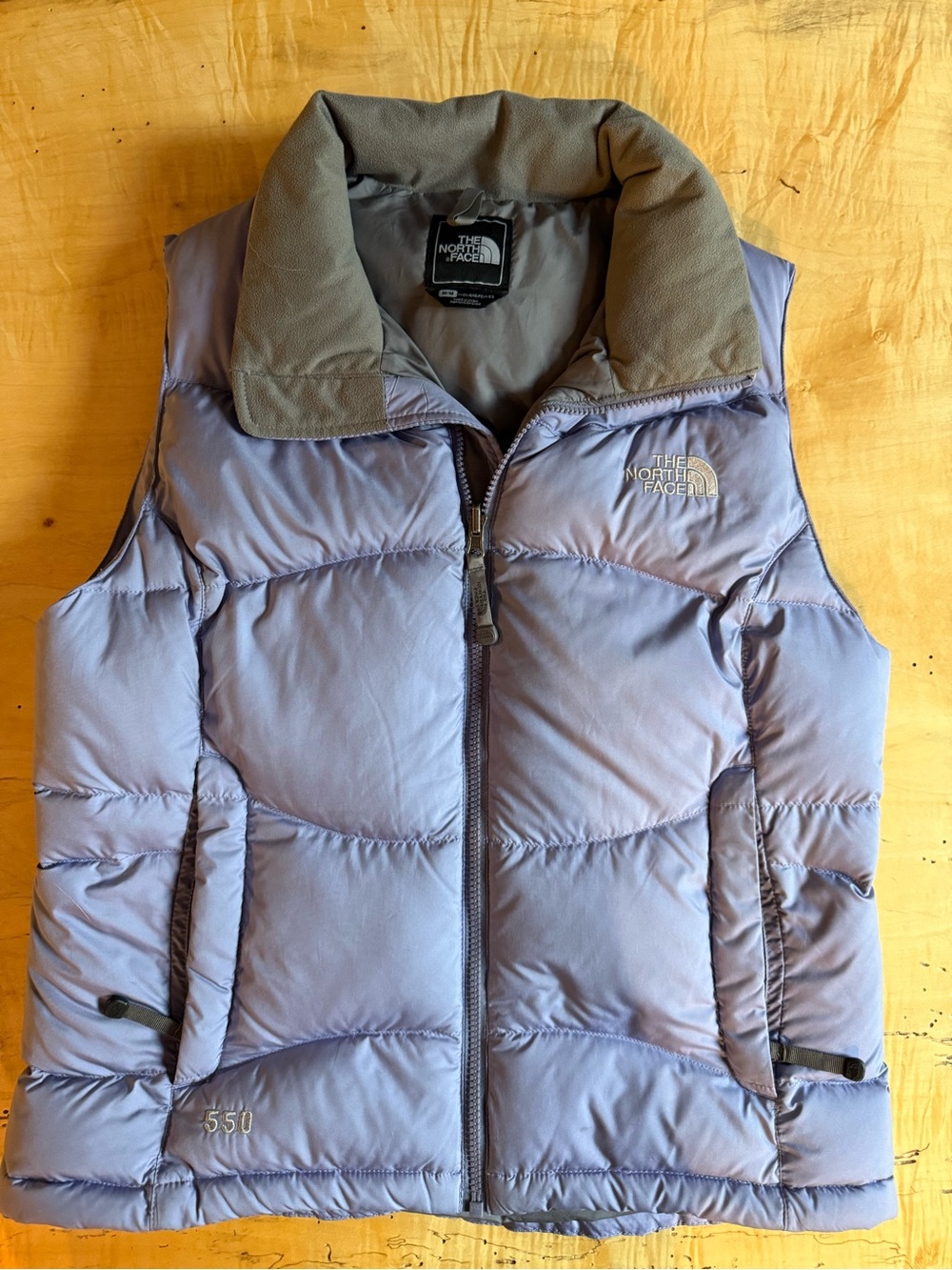 The North Face Women's Lavender Quilted Down Vest with Olive Collar medium
